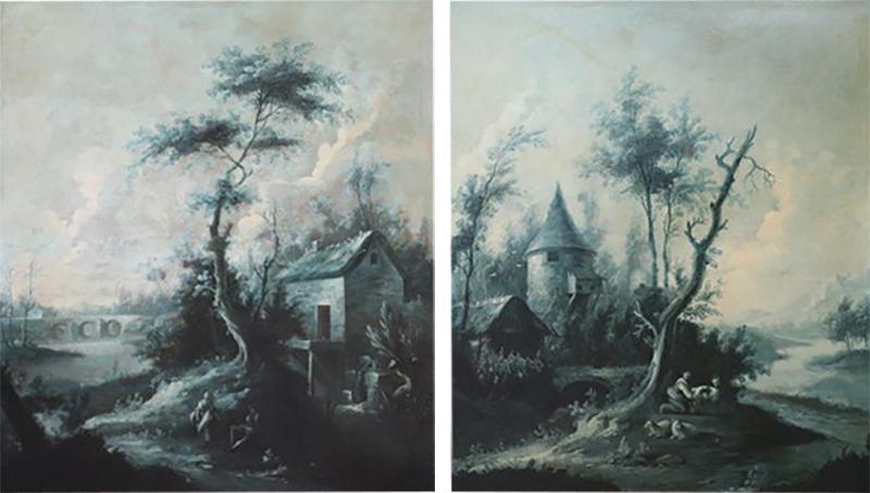 18th Century Monochrome Oil Paintings on Canvas Large Antique Landscapes two