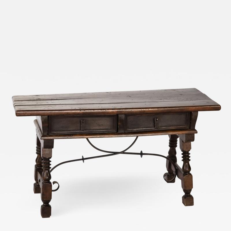 18th Century Spanish Walnut Two drawer Low Trestle Table With Turned Legs