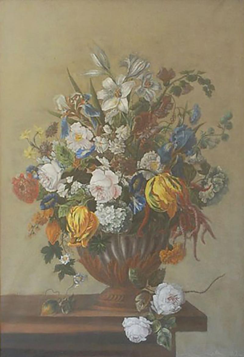 18th Century Style Framed Pastel Bouquet Drawing