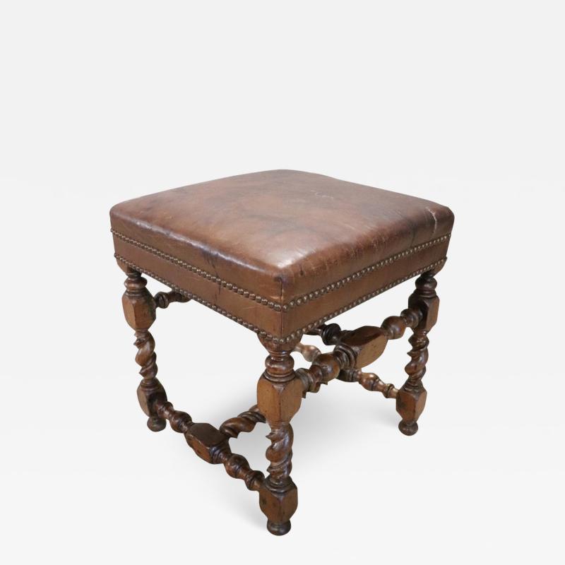 18th Century Turned Walnut and Leather Antique Stool