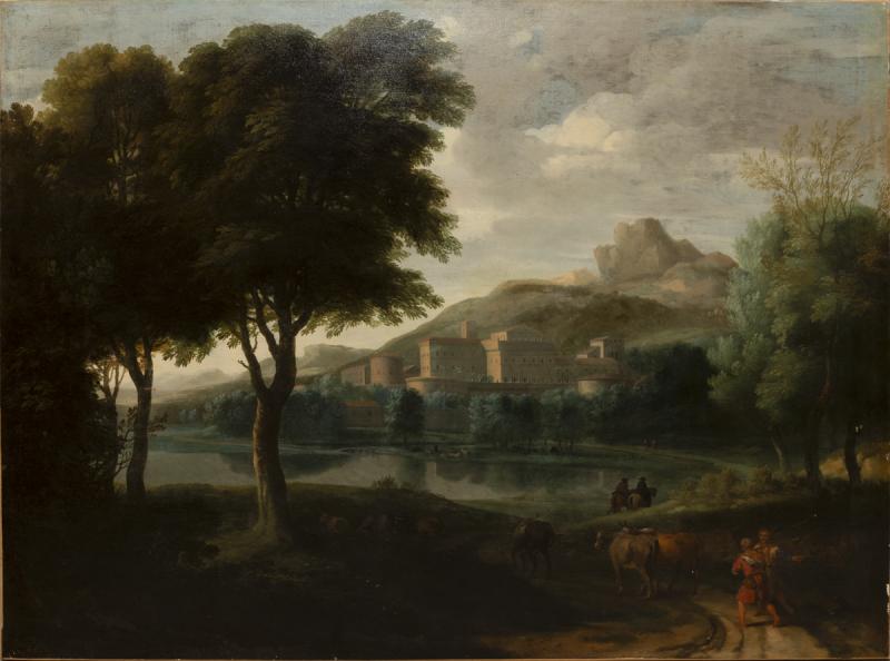 18th FRENCH SCHOOL LANDSCAPE WITH A FORTIFIED SETTLEMENT AND ANIMALS GRAZING