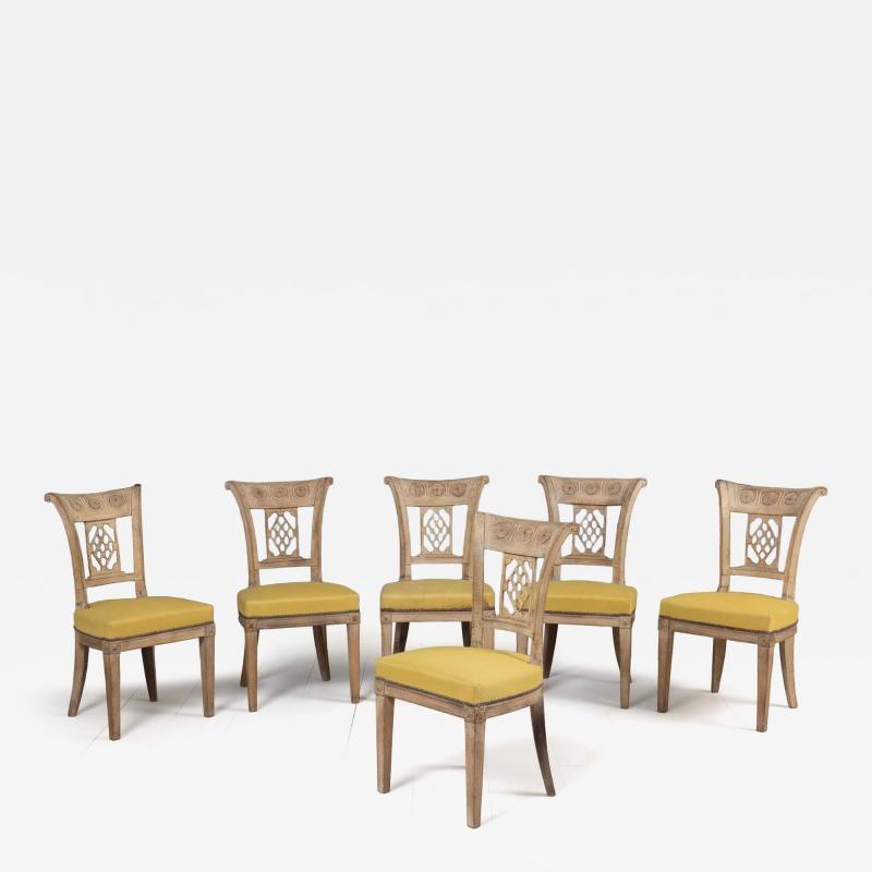 18th c French Directoire Period Set of Six Bleached Beechwood Chairs