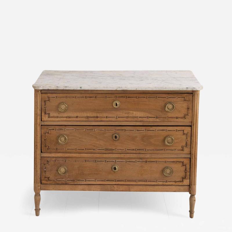 18th c French Louis XVI Parquetry Commode with Italian Carrara Marble Top