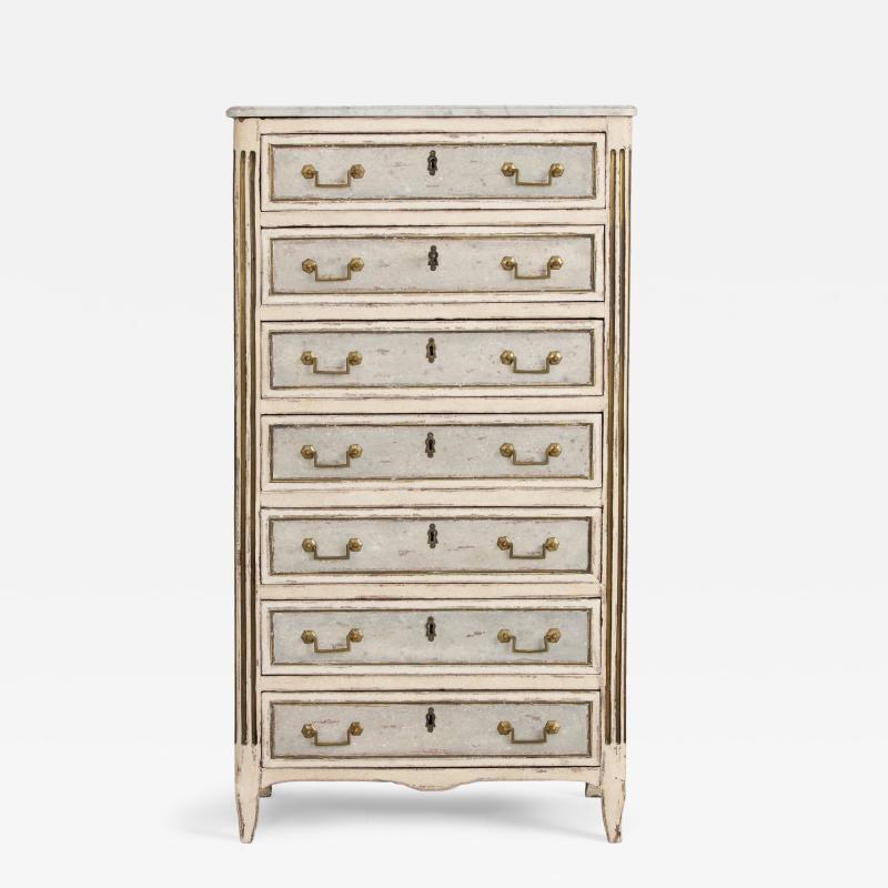18th c French Painted Tall Chest of Drawers with Original Marble Top