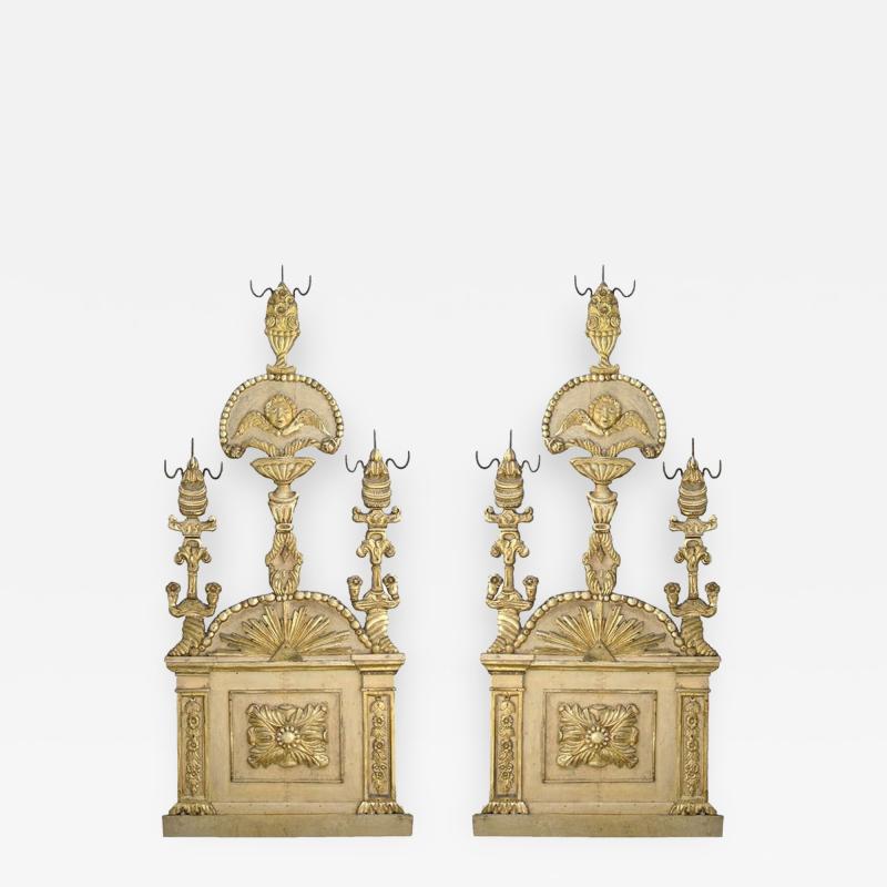 18th c Pair of Italian Parcel Paint and Giltwood Panels