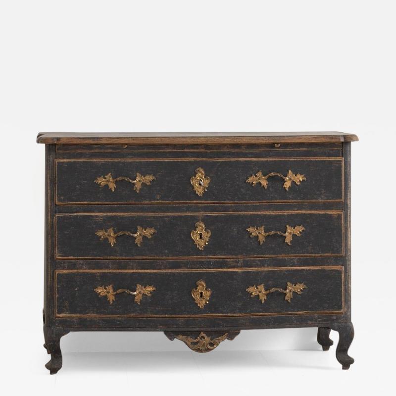 18th c Swedish Rococo Period Black Painted Commode with Original Brass Hardware