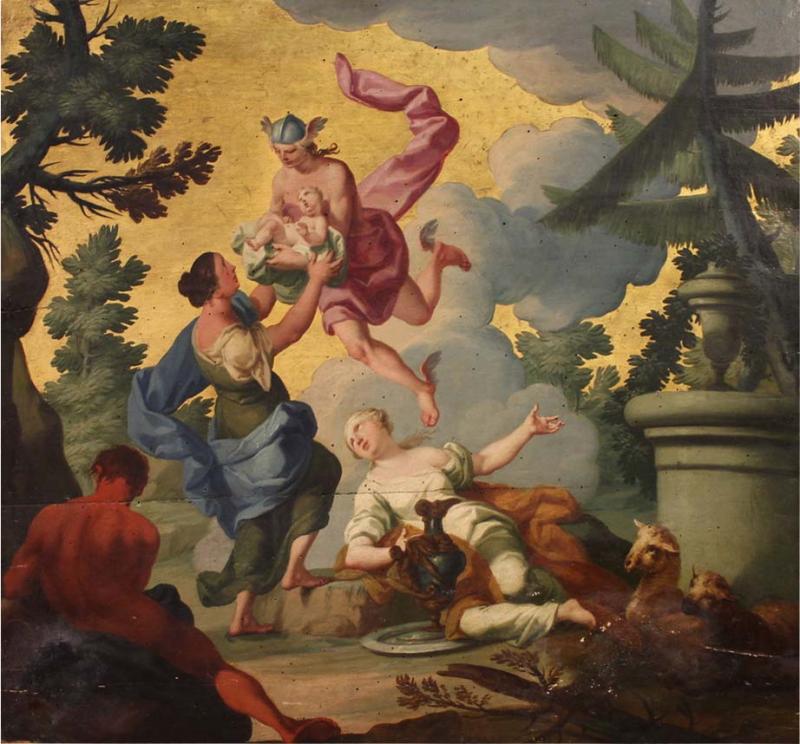 18th century Italian panel painting Hermes entrusts Dionysus