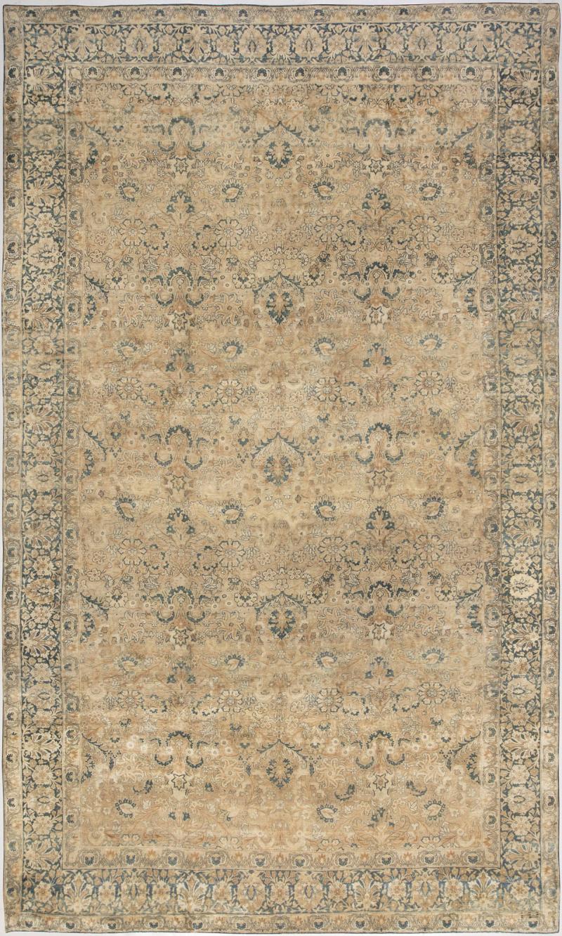1900s Persian Kirman Cream Beige and Blue Handwoven Wool Rug