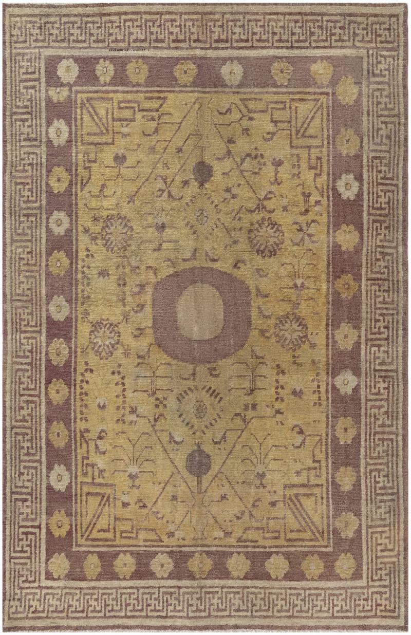 1900s Samarkand Khotan Yellow and Brown Handmade Wool Rug