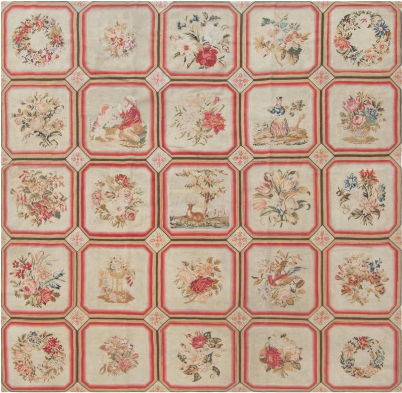 1900s White Beige Light Brown Green and Rose English Needlework