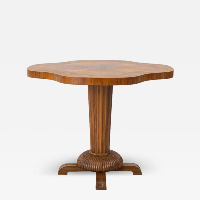 1918 Swedish late Art Nouveau pedestal salon table w intarsia
