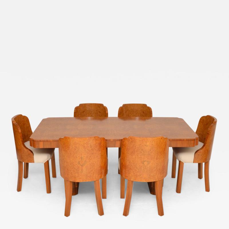 1920s Art Deco Burr Walnut Cloud Back Dining Table Chairs