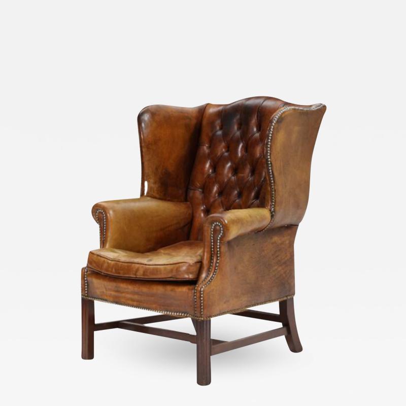 1920s English Leather Chesterfield Wing Chair