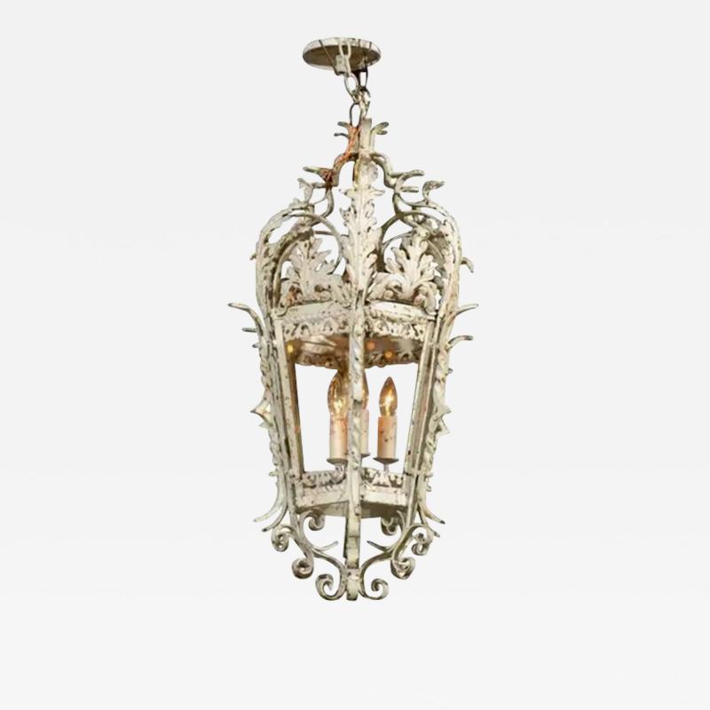 1920s French Rococo Style Painted Metal Three Light Lantern with Acanthus Leaves