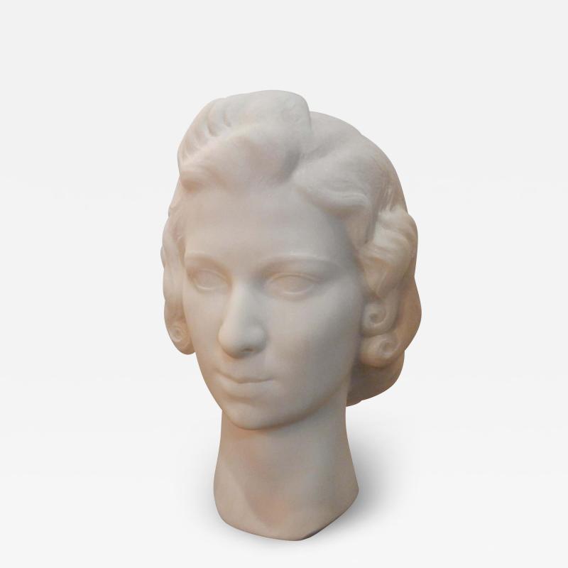 1930 Art Deco Head of Woman in White Marble Carrara Signed by M Di Domenico