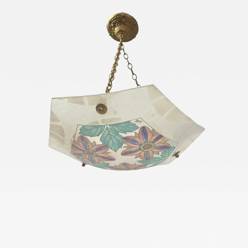 1930 French White Turquoise Pink Enamel Art Glass Brass Chain Pendant Chandelier