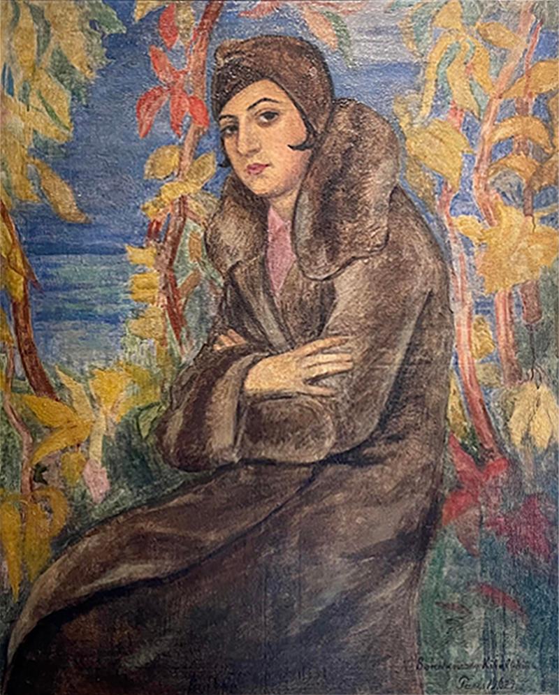 1930 s Art Deco Paris Portrait Oil Painting of a Flapper in a Fur Coat