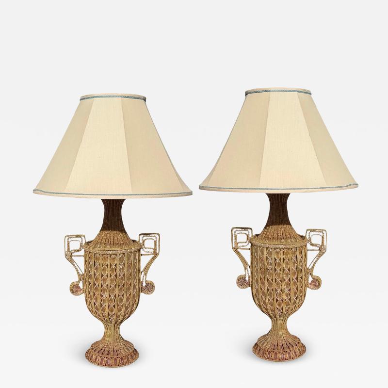 1930 s Hand Beaded Crystal Urn Form Table Lamps a Pair