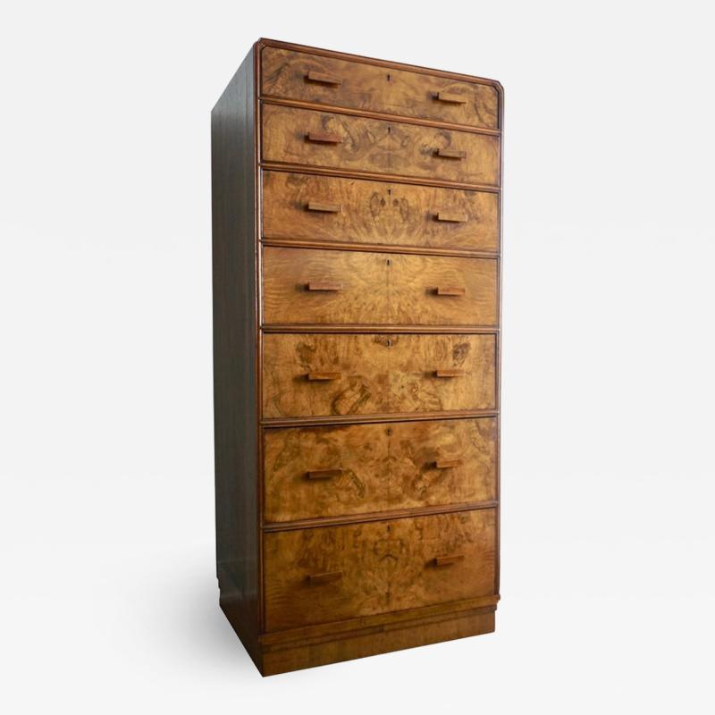 1930s Antique French Art Deco Figured Veneer Walnut 7 Drawer Chest Semainier