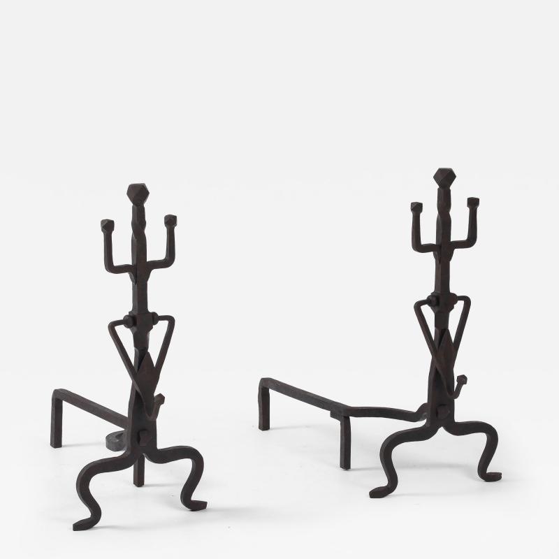 1930s Art And Crafts Abstract Large Iron Andirons