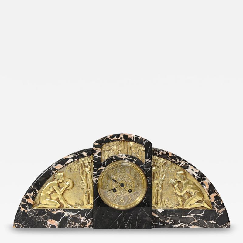 1930s Art Deco Streamlined Neoclassical Figurative Exotic Marble Bronze Clock