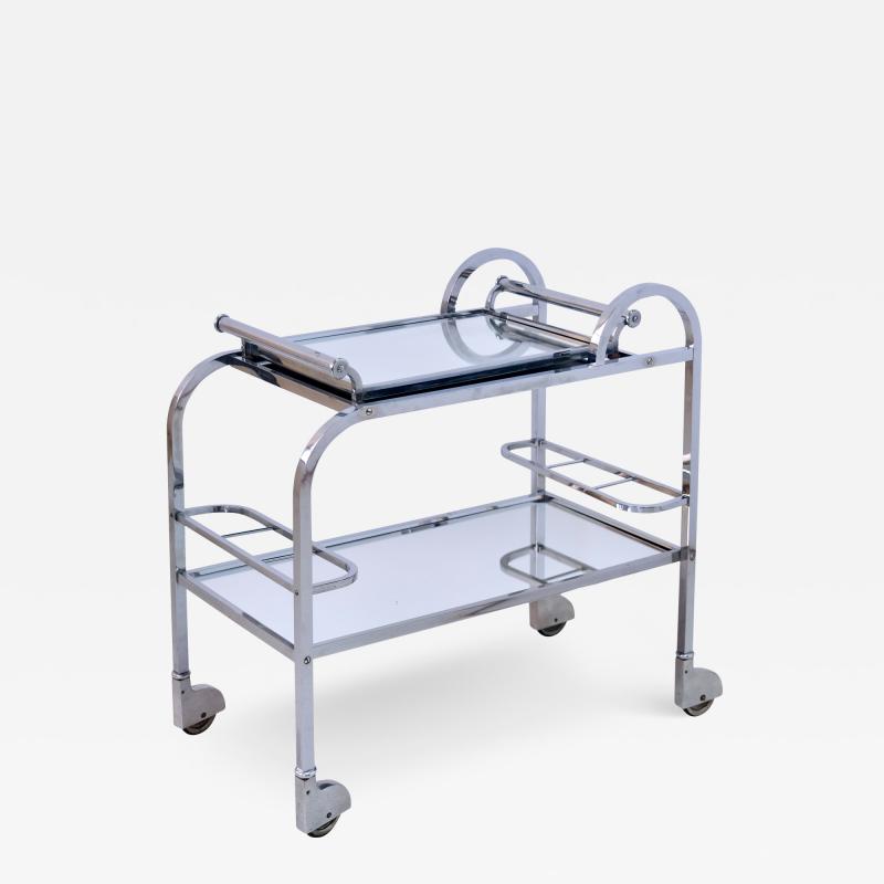 1930s Chromed Art Deco Bar Cart with Covered Wheels and Removable Mirrored Tray