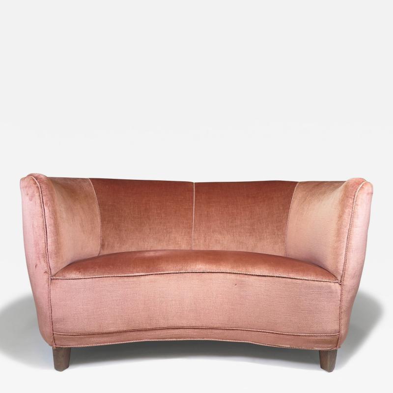 1930s Danish Deco Curved Sofa in Original Pink Mohair