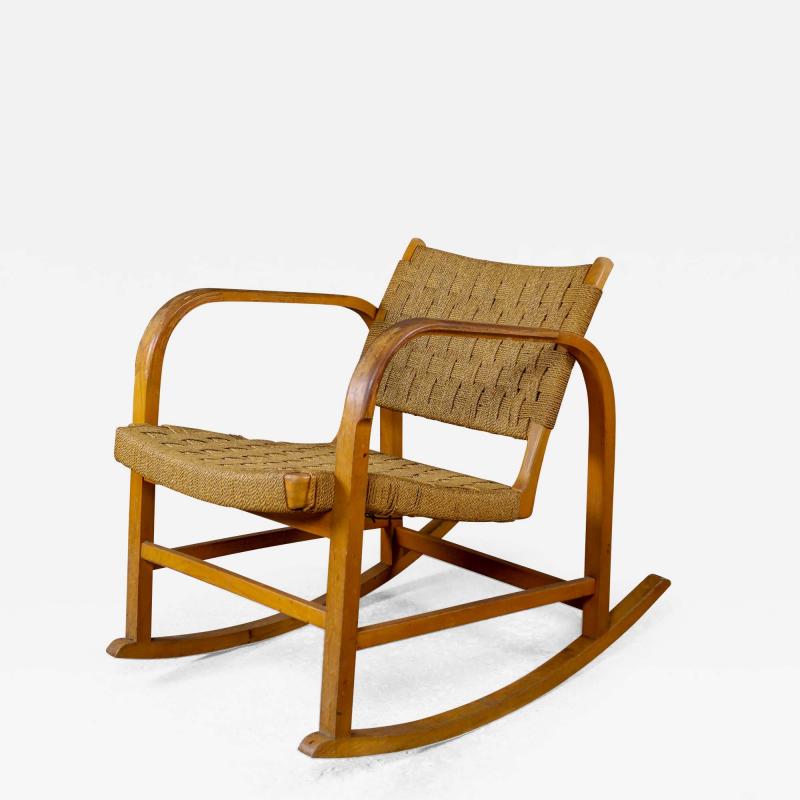 1930s Danish Elmwood Woven Seagrass Rocking Chair