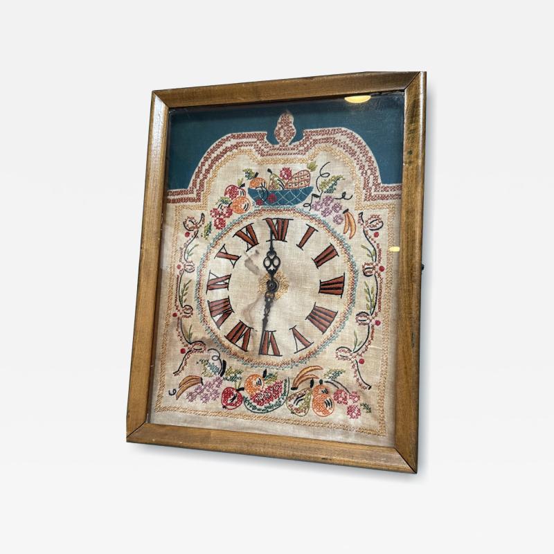 1930s EMBROIDERED WALL CLOCK IN WOOD AND GLASS CASE