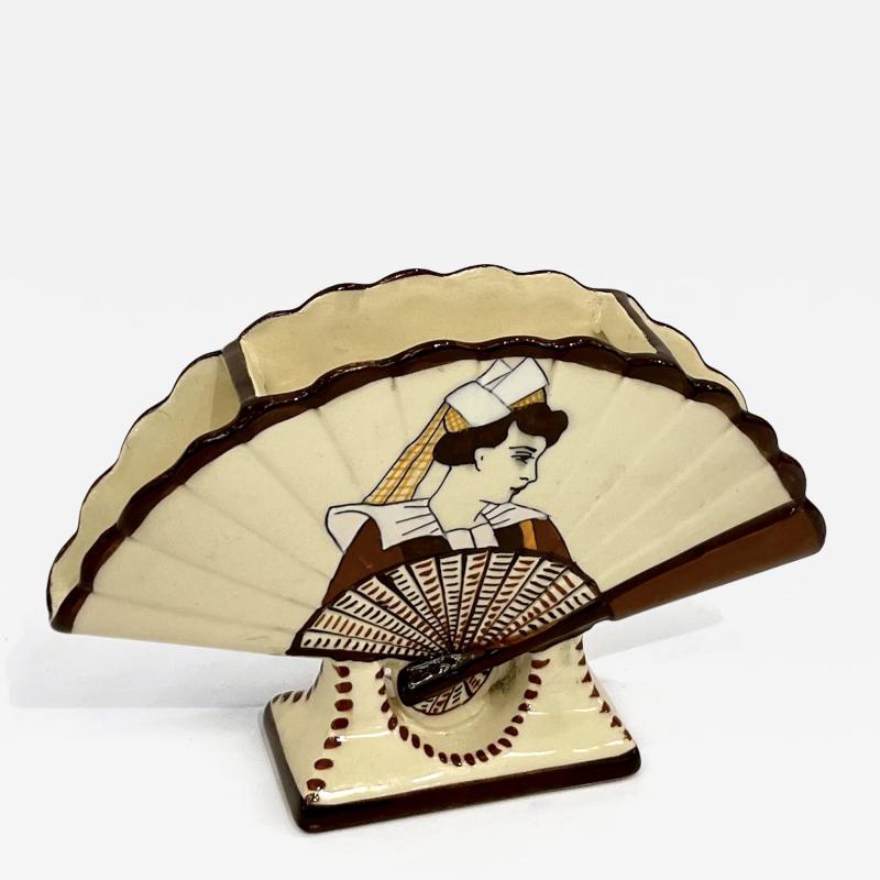 1930s French Signed Henriot Quimper Faience Yellow Fan Breton Man Woman Decor