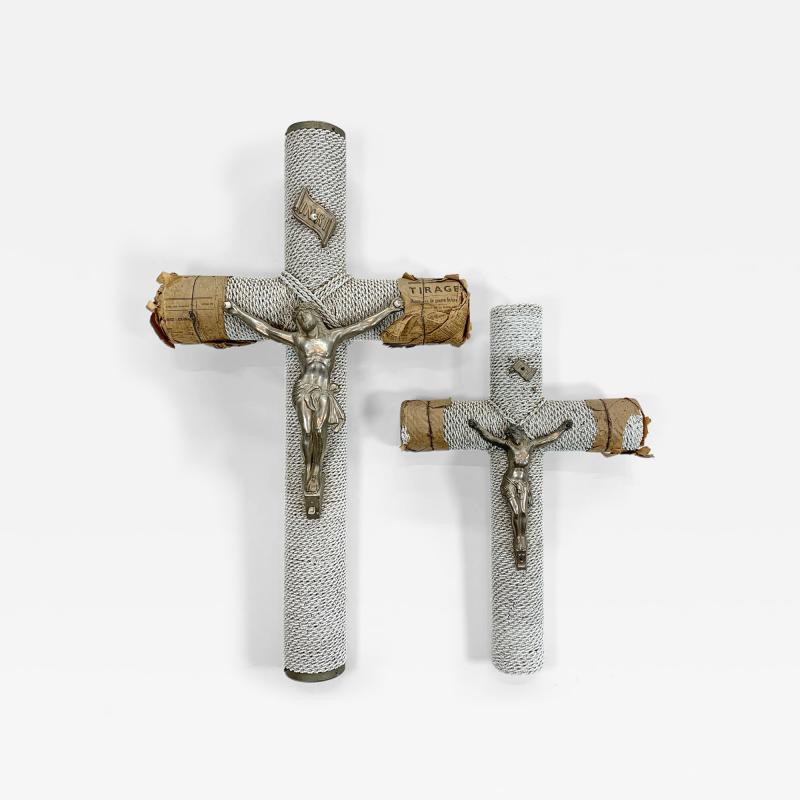 1930s French White Glass Bead and Zinc Memorial Crucifixes