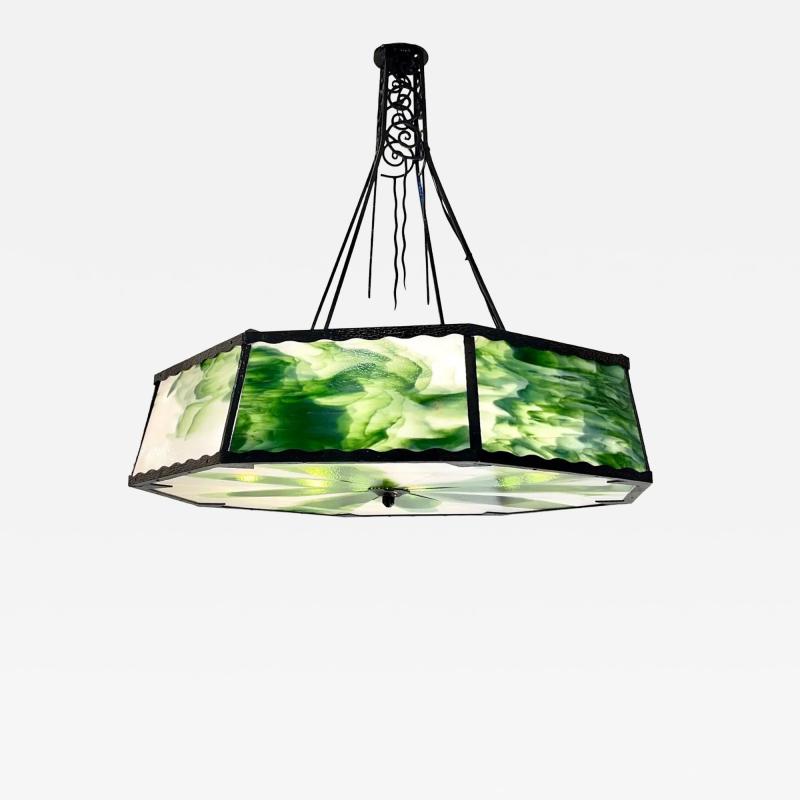 1930s Italian Art Deco White Green Murano Glass Black Iron Chandelier Lantern