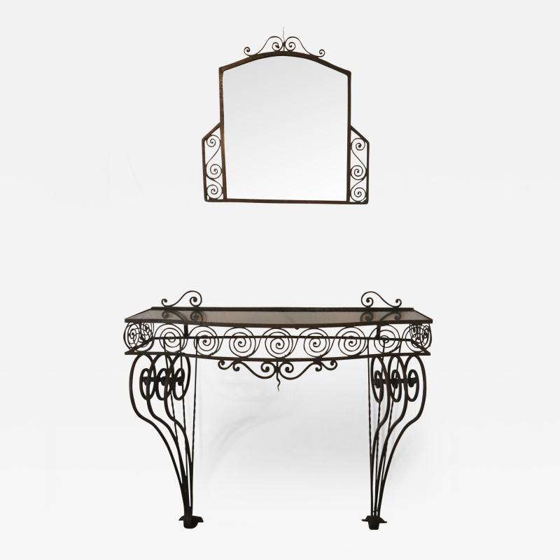 1930s Wrought Iron Console with Glass Top and Mirror