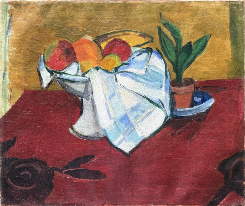 1936 ABSTRACT STILL LIFE OF FRUIT IN PEDESTAL BOWL ON ROSE DESIGN CLOTH PAINTING