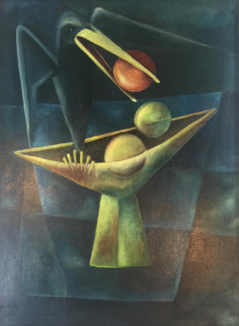 1940S CUBIST OIL PAINTING OF BLACK BIRD WITH BOWL OF FRUIT