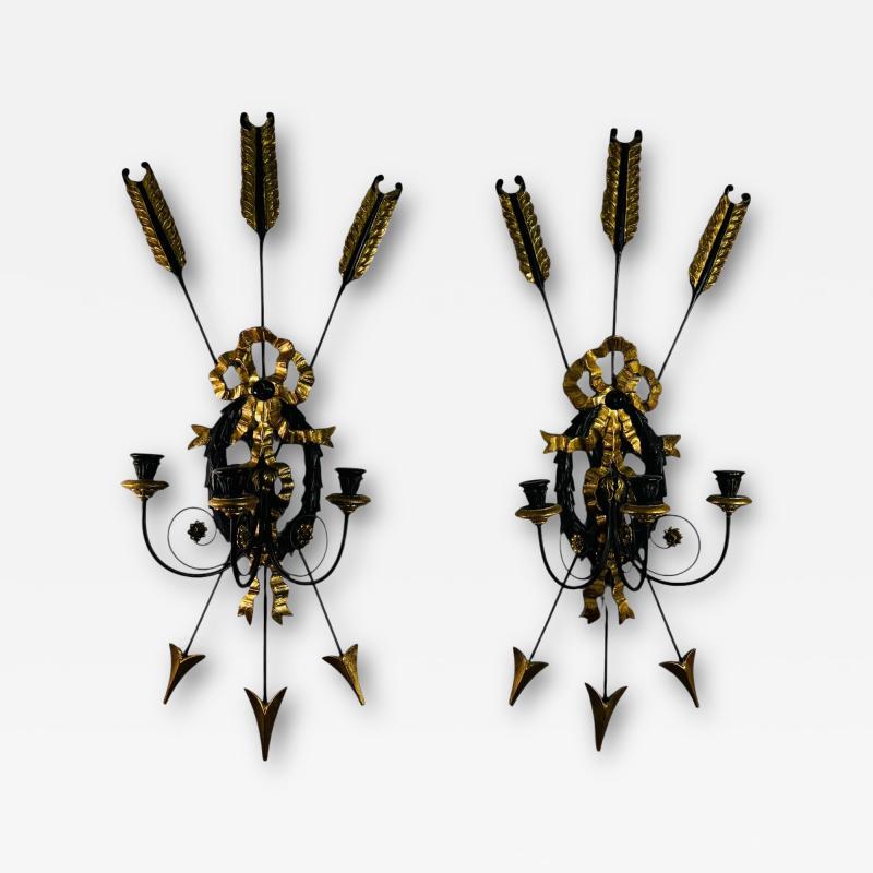 1940S PAIR REGENCY GILT BLACK WOOD BUNDLE OF ARROWS THREE CANDLE WALL SCONCES