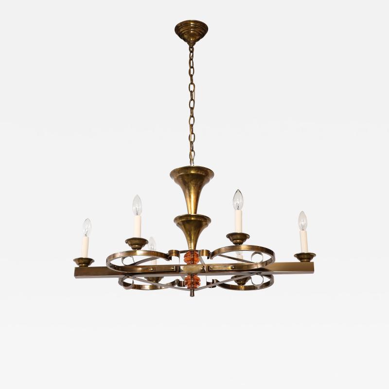 1940s French Art Deco Brass Chandelier