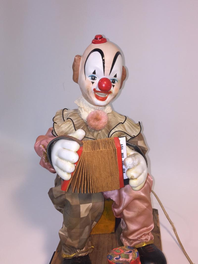 1940's HAND MADE CLOWN PLAYING ACCORDIAN AND MONKEY WITH FLAG AUTOMATON