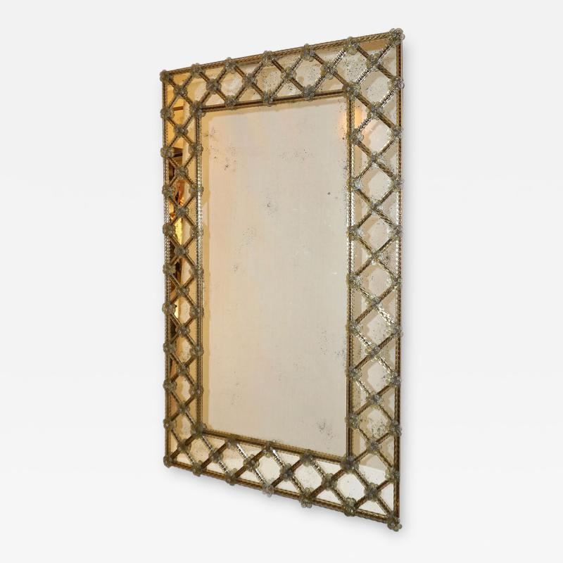 1940s Italian Antique Venetian Geometric Amber Gold Murano Glass Mirror