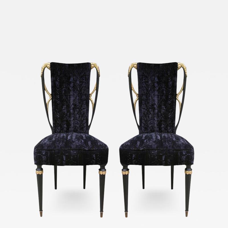 1940s Italian Late Art Deco Pair Gilded Black Lacquered Chairs in Black Velvet