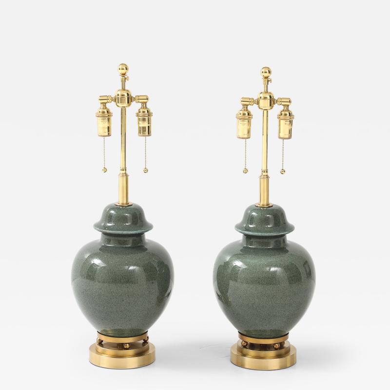 1940s Pair of Moss Green Glazed Ceramic Ginger Jar Lamps