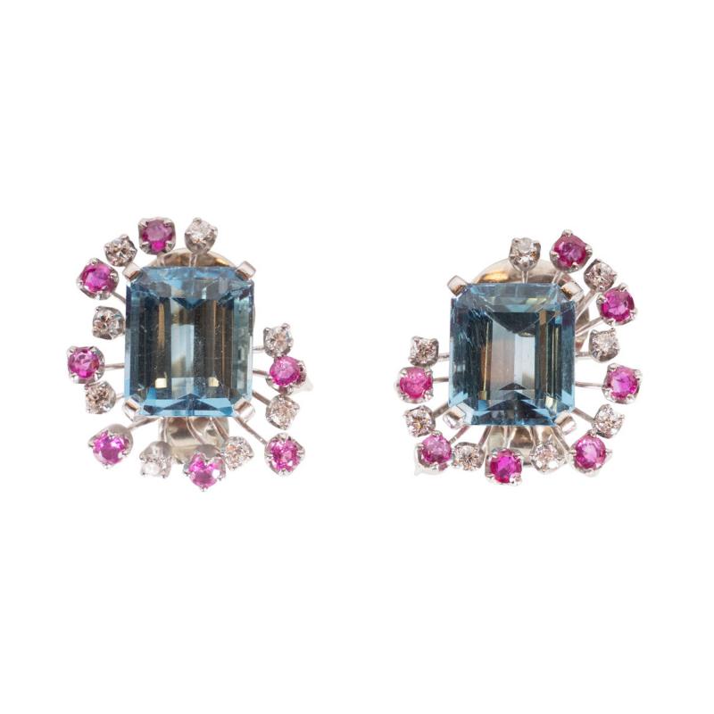 1940s Retro 12 Carat Aquamarine 14k white gold earrings w Diamonds Rubies