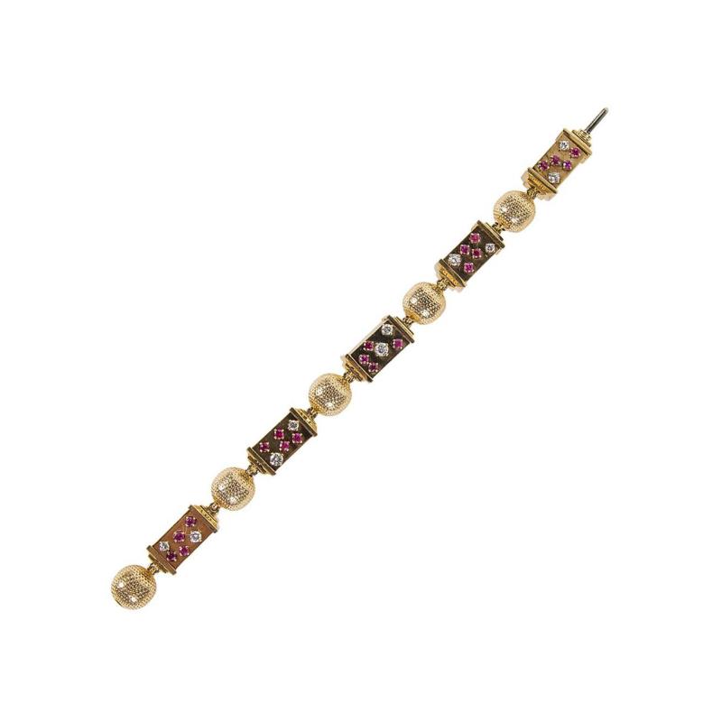 1940s Retro Ruby Diamond Rose Gold Link Bracelet