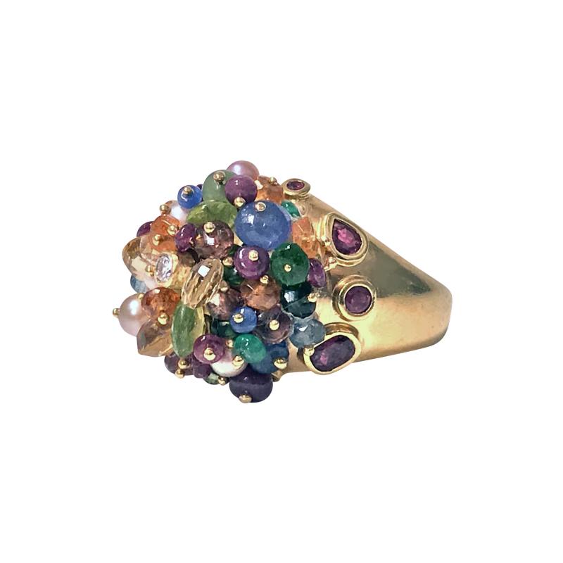 1950 s French 18K Multi Gem Tutti Frutti Dome Cocktail Ring Heavy Quality