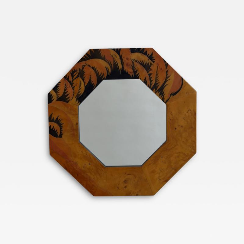 1950S BRIDS EYE MAPLE MIRROR BY MAHEY WITH PALM LEAF THEME