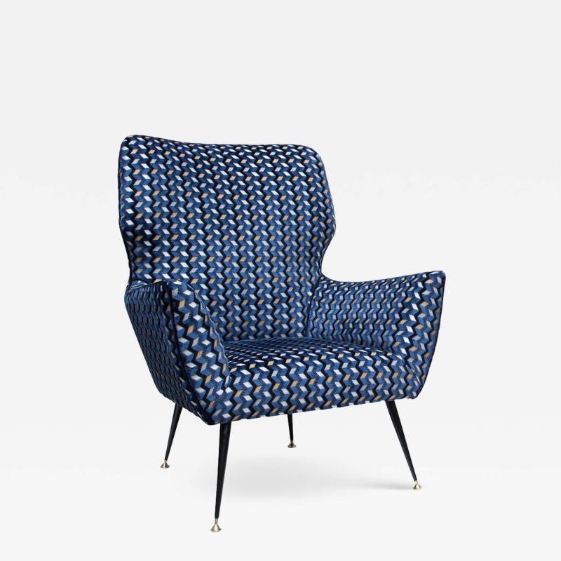 1950s Armchair Blue Gold Black White Velvet Upholstery By Gigi Radice