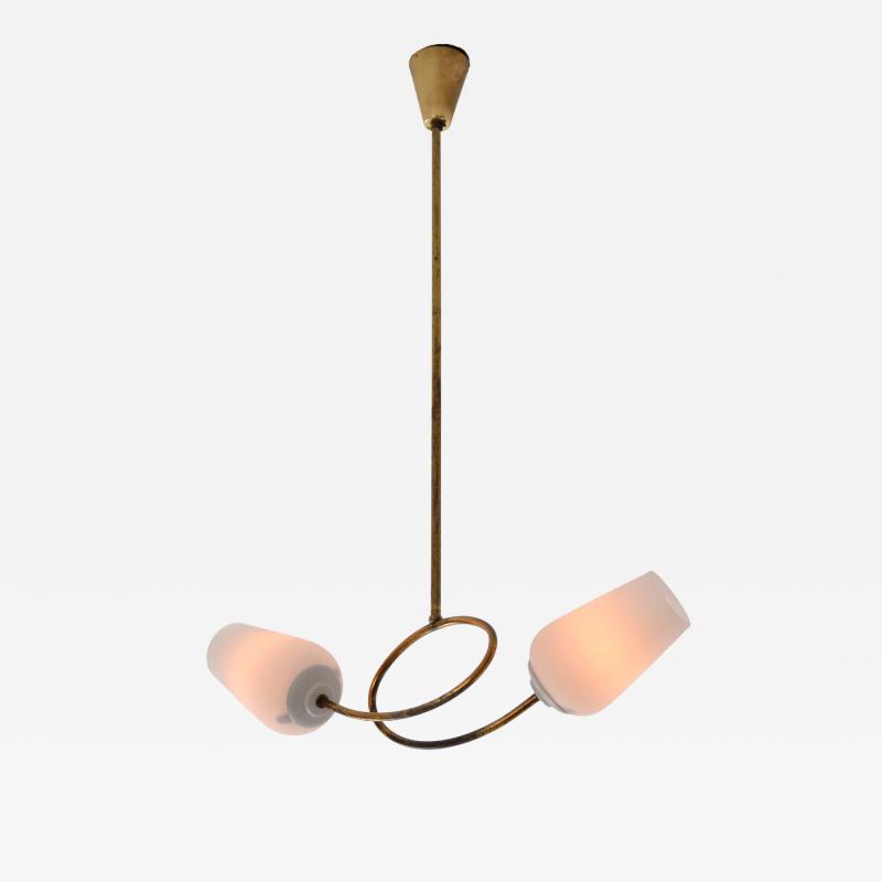 1950s Brass Chandelier with Twin Opaline Glass Shades