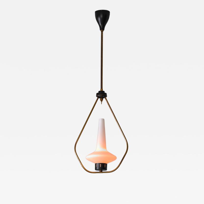 1950s Brass Iron Pendant with Opaline Glass Shade 2 Available