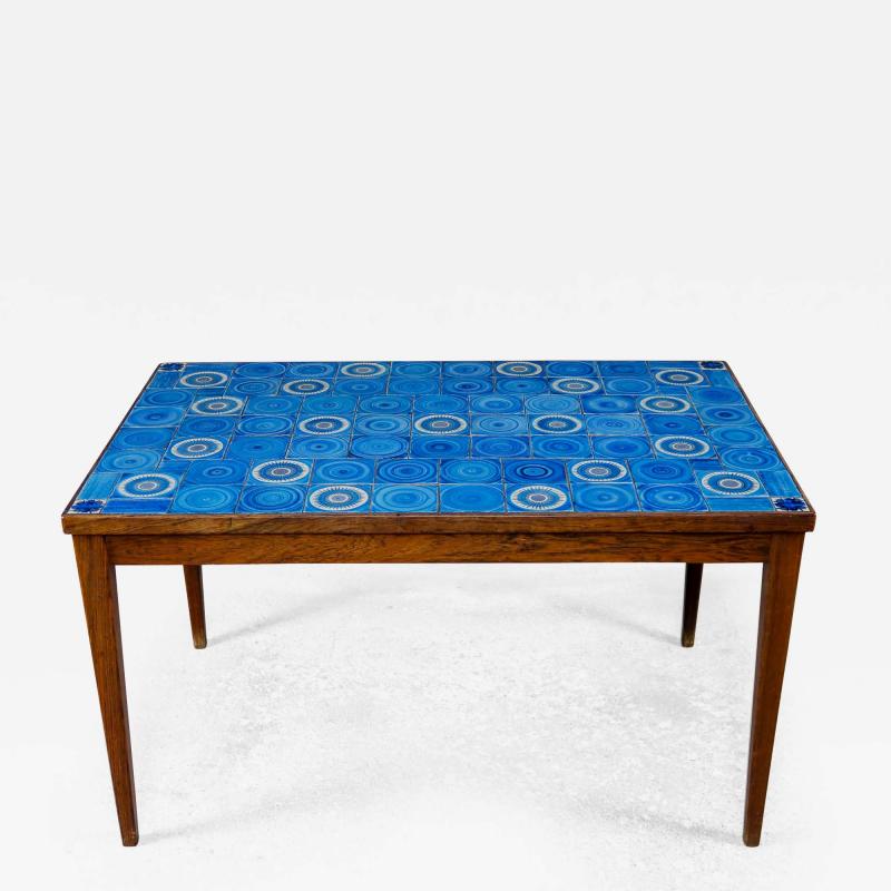 1950s Danish Rosewood Blue Tile Top Coffee Table
