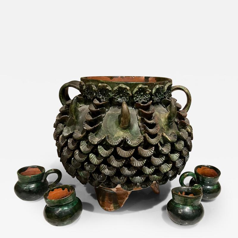 1950s Fabulous Design Green Pineapple Pina Pottery Jar Cups Handmade Mexico